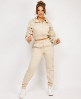 Oatmeal Ruched Sleeve Zipped Hoodie and Joggers Tracksuit