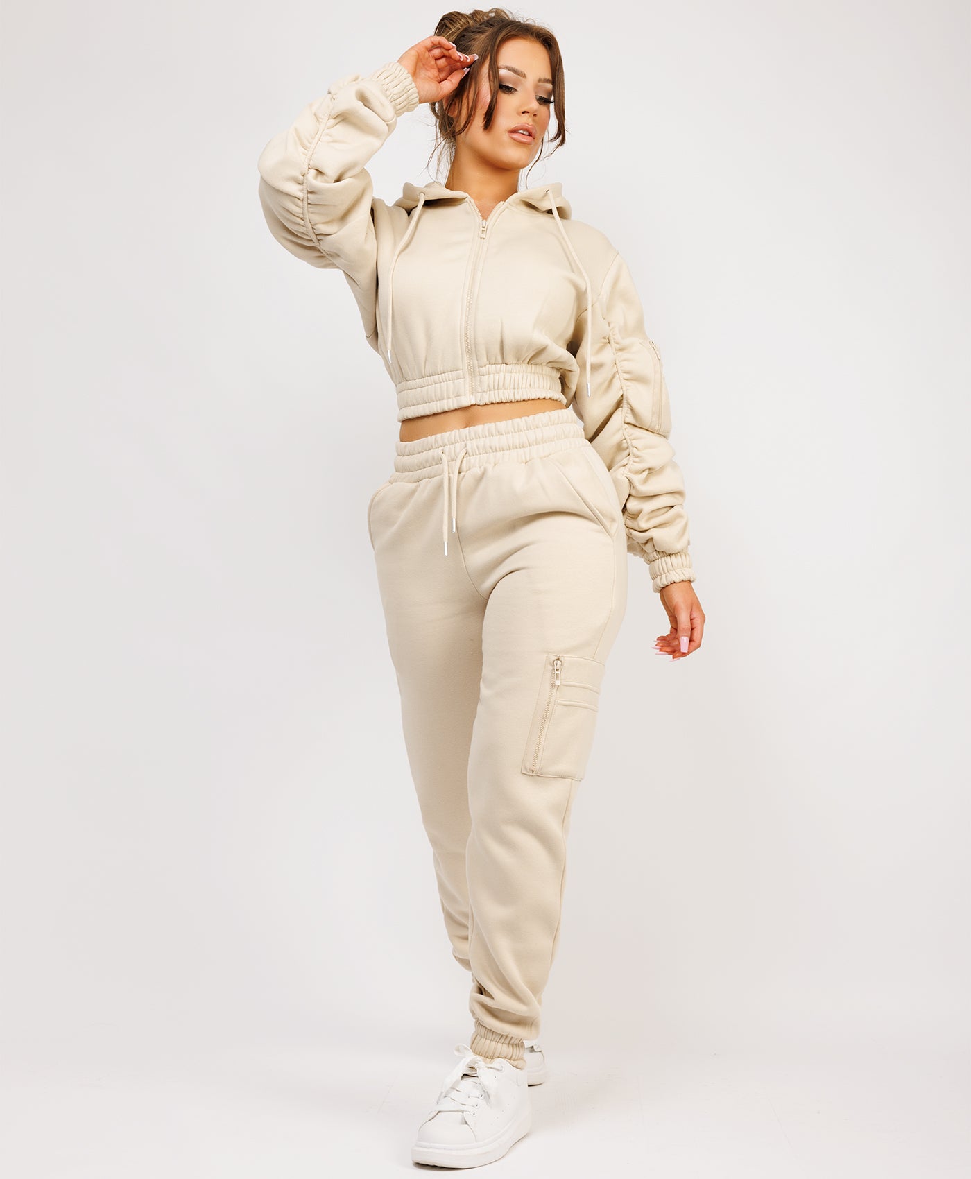 Oatmeal Ruched Sleeve Zipped Hoodie and Joggers Tracksuit