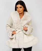 Beige Faux Fur Vegan Leather Swing Coat Jacket