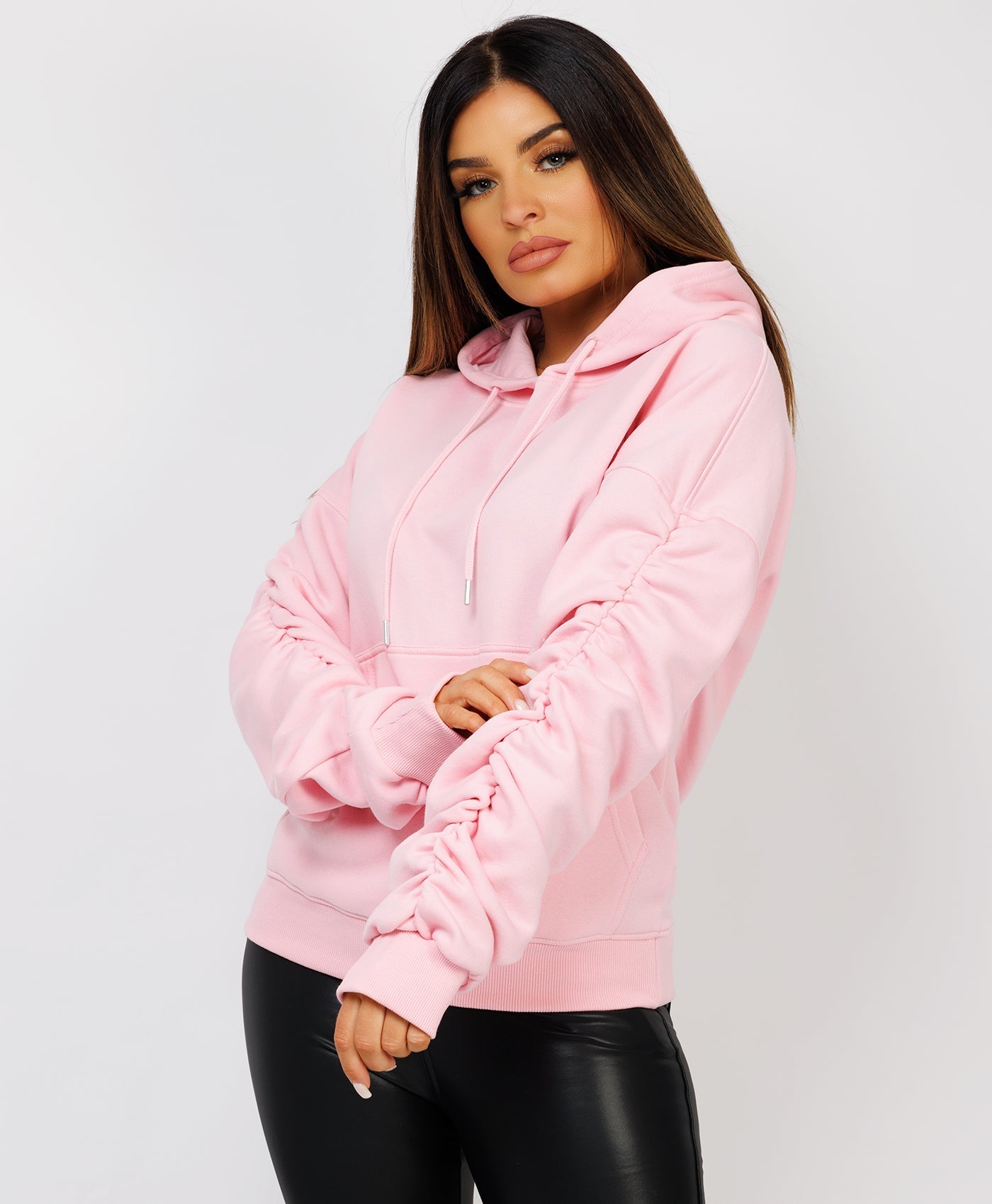 Ruched-Sleeve-Oversized-Fit-Hoodie-Pink-1