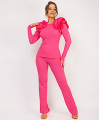 Ruffle-Shoulder-Sleeve-Ribbed-Set-Pink-3