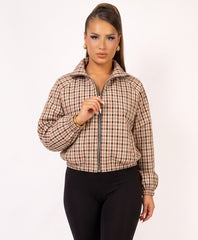 Plaid Check Zip-Up Cropped Bomber Jacket