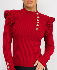 Ruffle-Shoulder-Sleeve-Ribbed-Set-Red-1