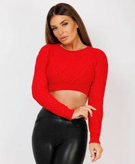 Twist-Pattern-Cropped-Knitted-Sweater-Red-1