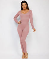 Rose Pink-Elastic-Ribbed-Long-Sleeve-Jumpsuit-6