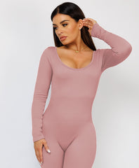Rose Pink-Elastic-Ribbed-Long-Sleeve-Jumpsuit-7