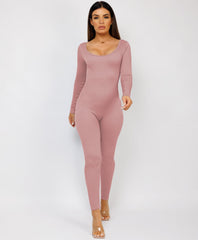 Rose Pink-Elastic-Ribbed-Long-Sleeve-Jumpsuit-8