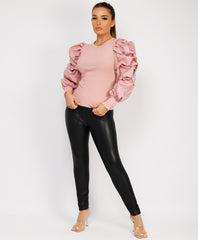Pink Ribbed Ruched Puff Sleeve Top