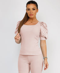 Rose-Pink-Satin-Frill-Puff-Ribbed-Top-And-Trousers-Loungewear-Set-2
