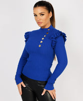 Ruffle-Shoulder-Sleeve-Ribbed-Set-Royal Blue-3