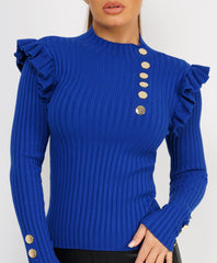 Ruffle-Shoulder-Sleeve-Ribbed-Set-Royal Blue-1