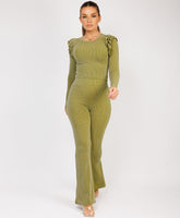 Sage Ribbed Frill Shoulder Long Sleeve Top & Flared Trouser Set