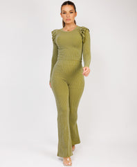 Sage Ribbed Frill Shoulder Long Sleeve Top & Flared Trouser Set