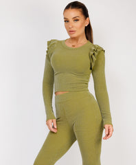 Sage Ribbed Frill Shoulder Long Sleeve Top & Flared Trouser Set
