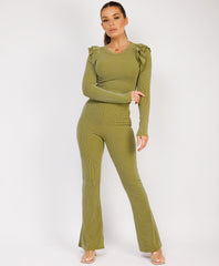 Sage Ribbed Frill Shoulder Long Sleeve Top & Flared Trouser Set