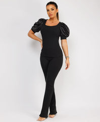 Satin-Puff-Sleeve-Ribbed-Set-BLack-3