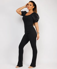 Satin-Puff-Sleeve-Ribbed-Set-BLack-1