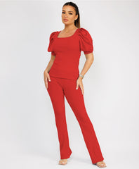 Satin-Puff-Sleeve-Ribbed-Set-Red-1