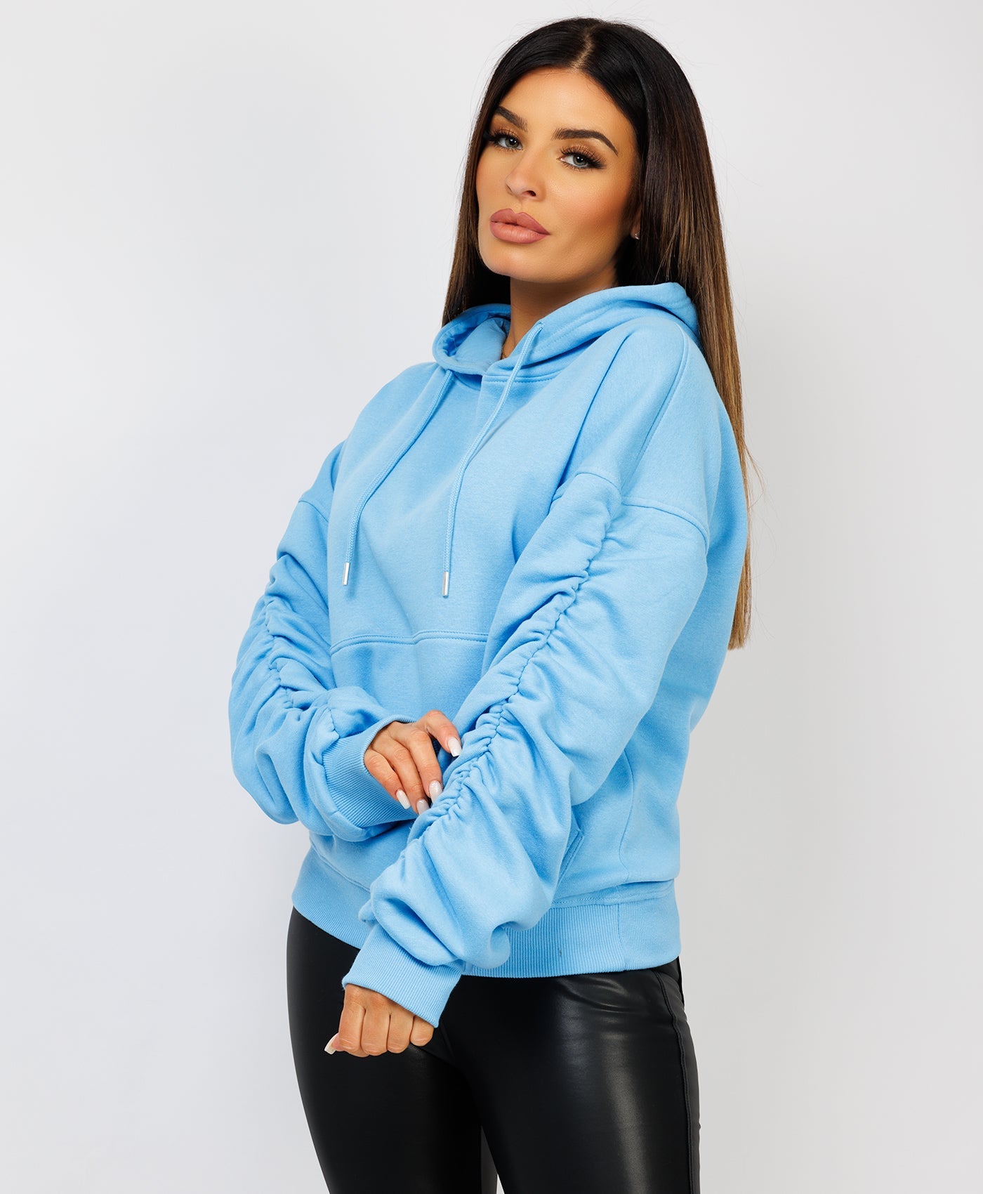 Ruched-Sleeve-Oversized-Fit-Hoodie-Sky-Blue-1