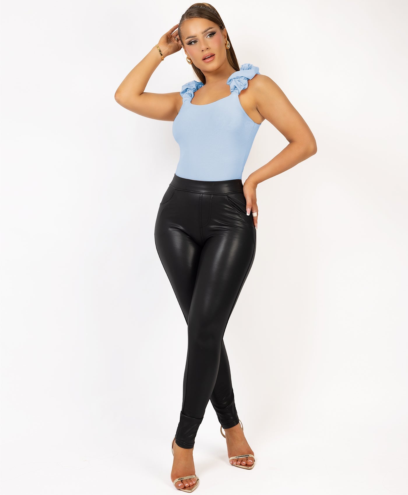 Satin-Puff-Sleeve-Ribbed-Set-Sky Blue-3