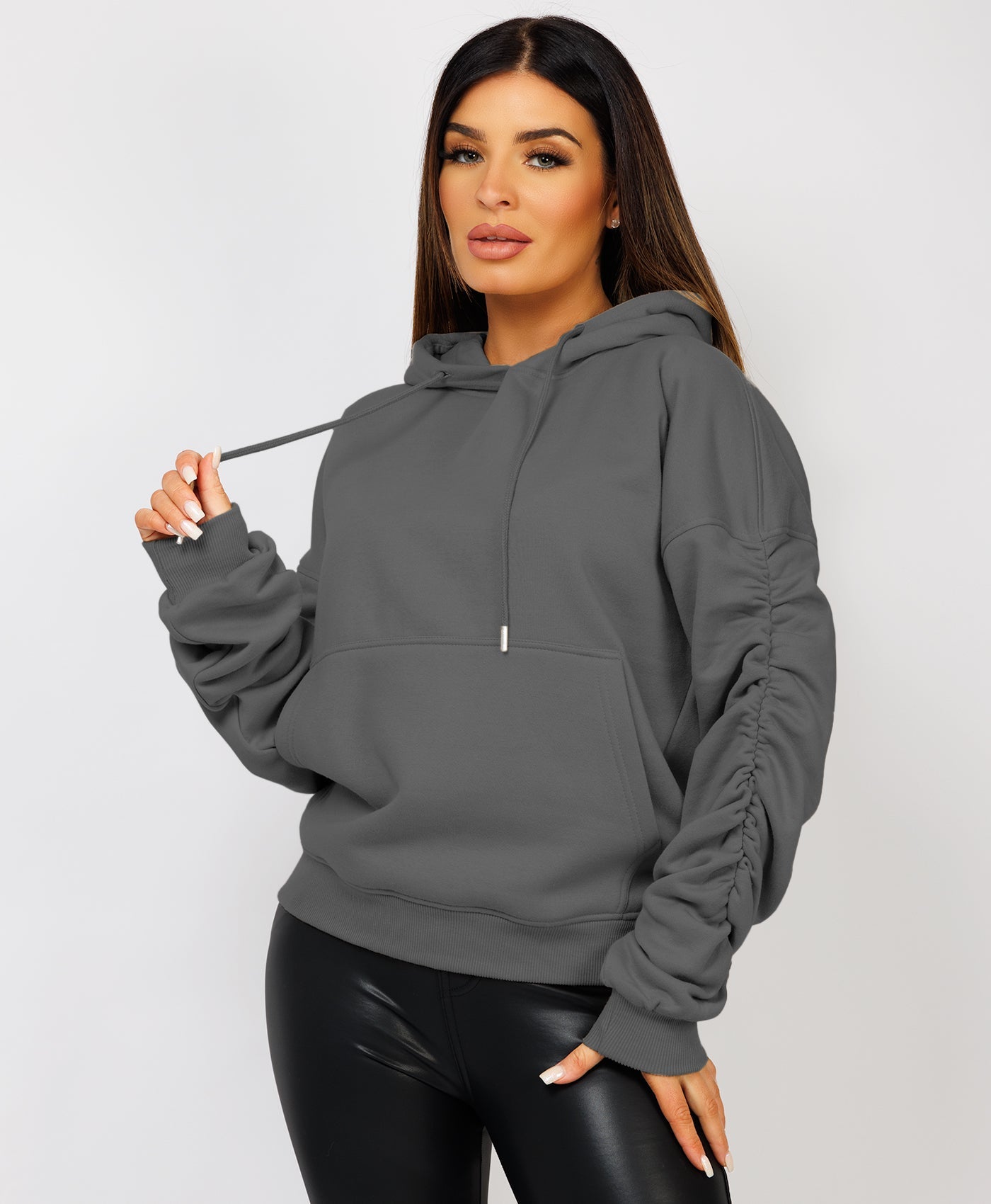 Ruched-Sleeve-Oversized-Fit-Hoodie-Slate-Grey-3