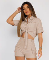 Stone Utility Pocket Cargo Safari Co Ord Set