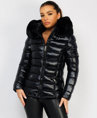 Wet-Look-Shiny-Fur-Trim-Hood-Puffer-Jacket-Black-1
