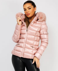 Wet-Look-Shiny-Fur-Trim-Hood-Puffer-Jacket-Pink-1