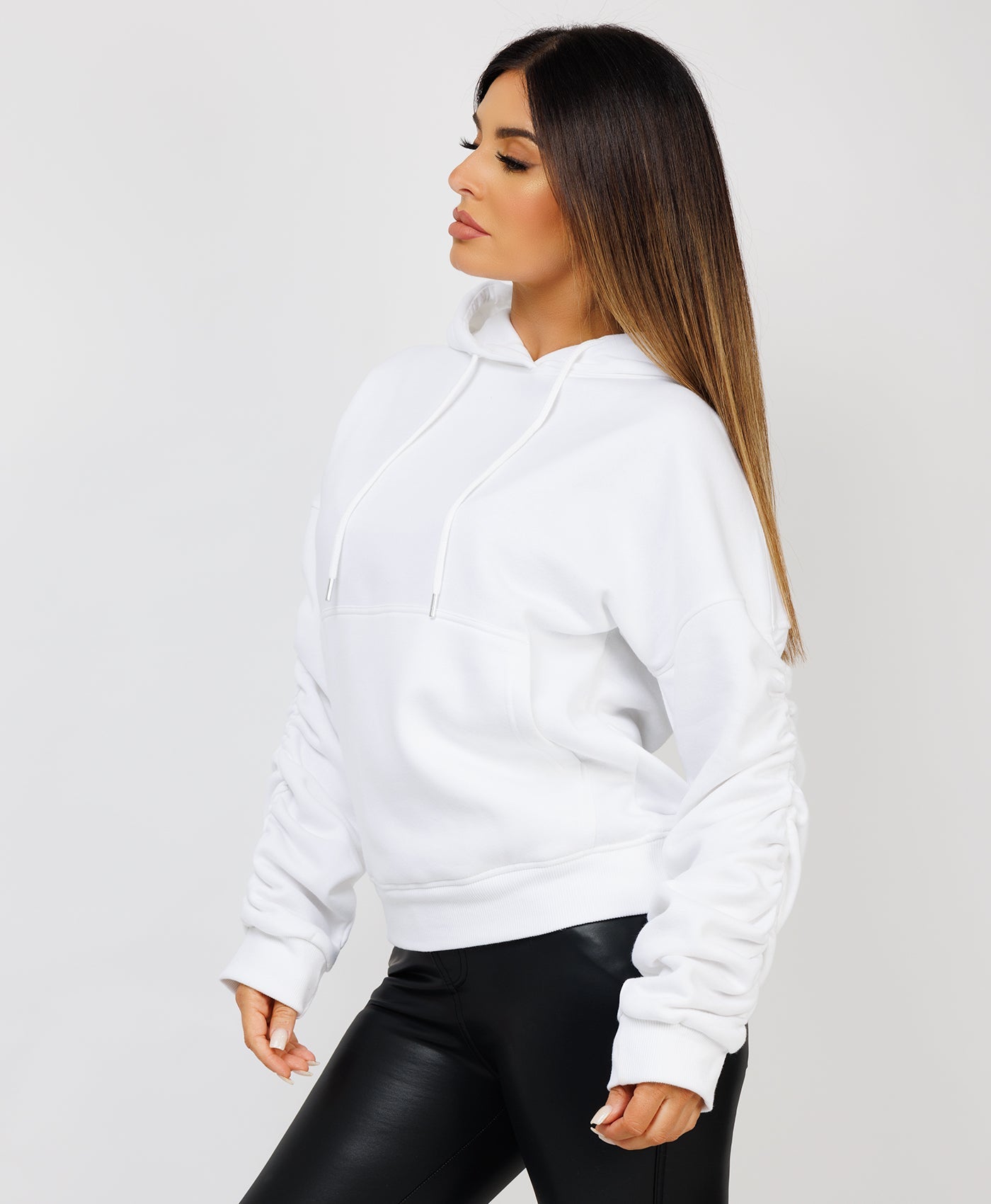 Ruched-Sleeve-Oversized-Fit-Hoodie-White-2