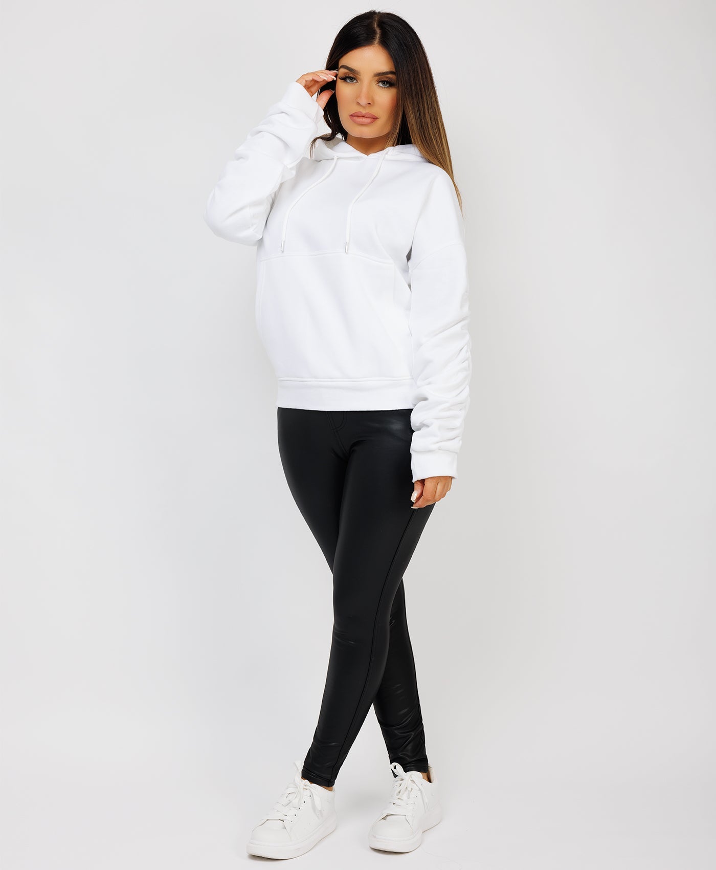 Ruched-Sleeve-Oversized-Fit-Hoodie-White-4