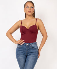Wine Built-In Cup Cami Top with Double Strap Detail