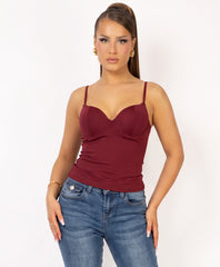 Wine Built-In Cup Cami Top with Double Strap Detail