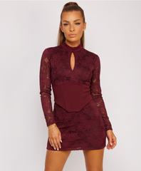 Wine Lace Mock Neck Long Sleeve Mini Dress with Corset Panel Detail