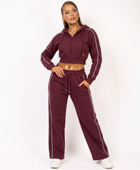 Wine Piping Trim Cropped Zip-Up Hoodie & Wide Leg Jogger Co-Ord Set