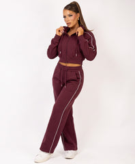 Wine Piping Trim Cropped Zip-Up Hoodie & Wide Leg Jogger Co-Ord Set