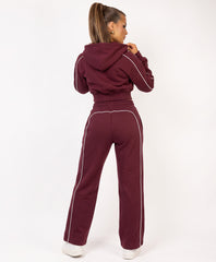 Wine Piping Trim Cropped Zip-Up Hoodie & Wide Leg Jogger Co-Ord Set