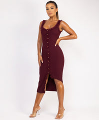 Wine Ribbed Lace Trim Knitted Button-Through Midi Dress