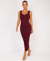 Wine Ribbed Lace Trim Knitted Button-Through Midi Dress