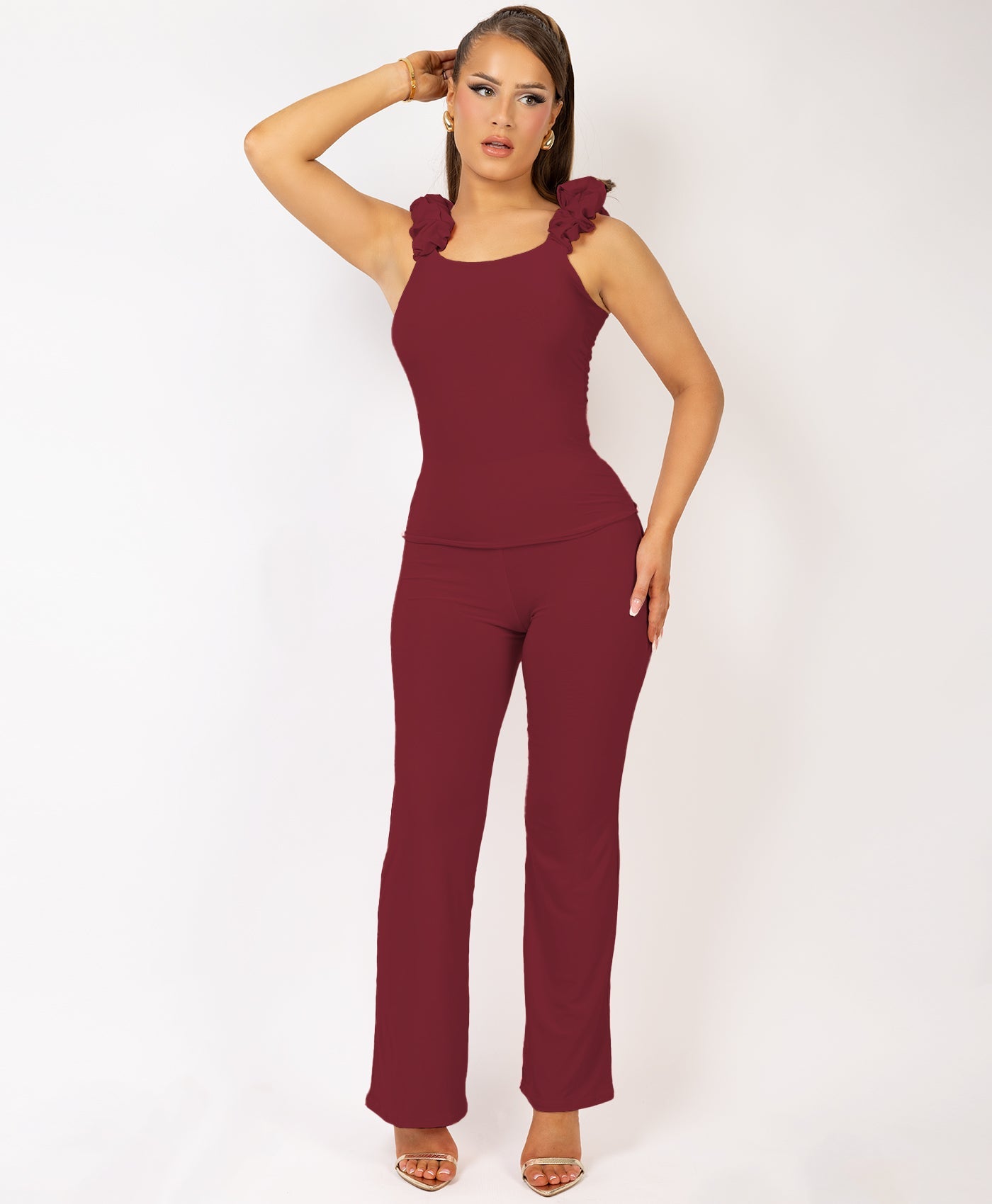 Satin-Puff-Sleeve-Ribbed-Set-Wine-1