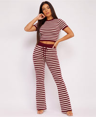 Wine Striped Knit Cropped T-Shirt Flare Trousers