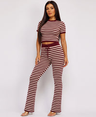 Wine Striped Knit Cropped T-Shirt Flare Trousers