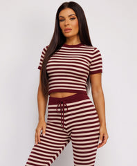 Wine Striped Knit Cropped T-Shirt Flare Trousers