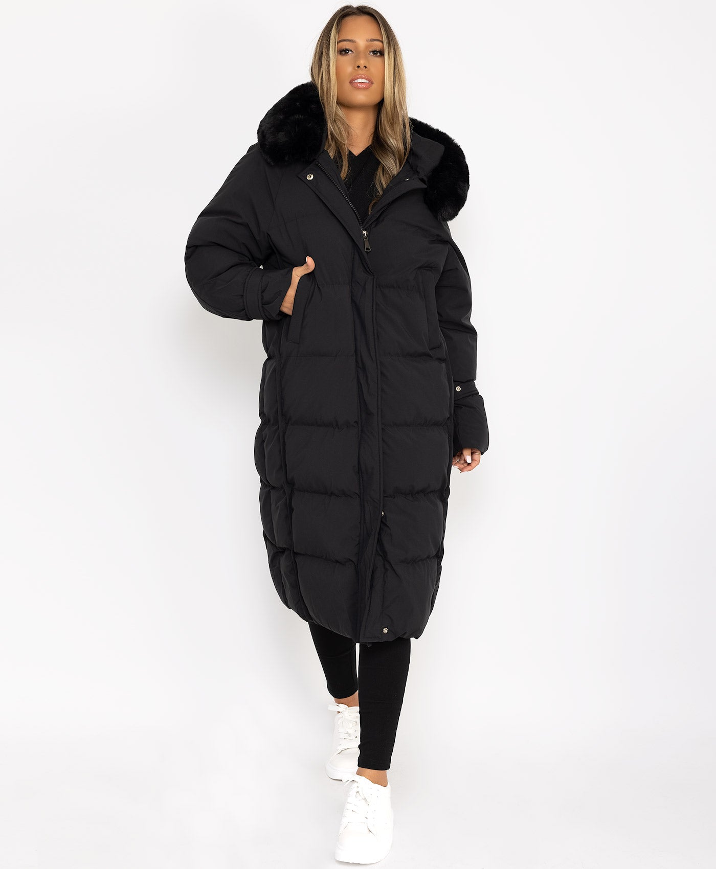 Black Longline Faux Fur Hooded Oversize Padded Coat Jacket