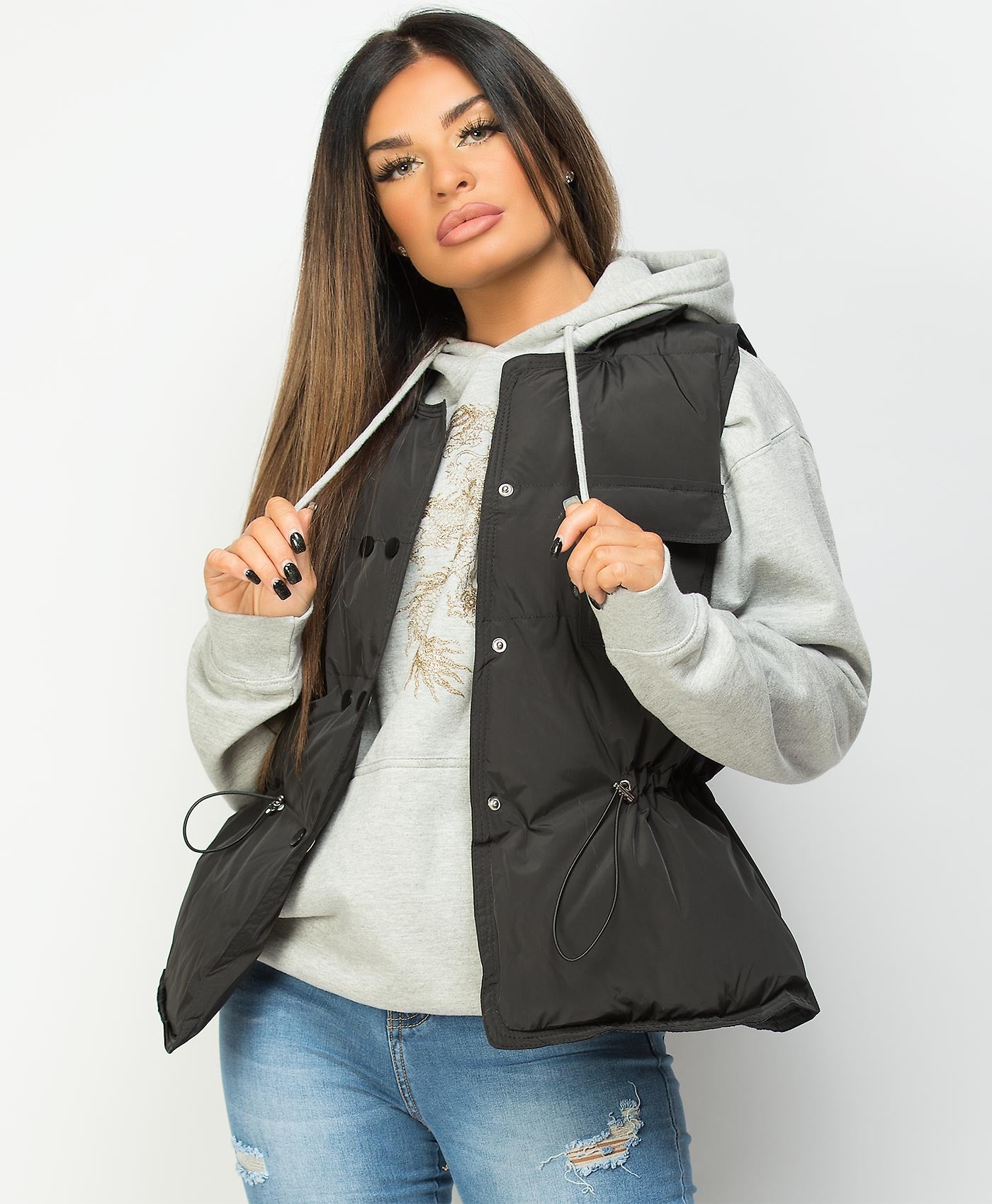 Black-Quilted-Popper-Button-Drawstring-Waist-Gilet-Bodywarmer-1