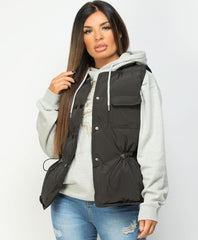 Black-Quilted-Popper-Button-Drawstring-Waist-Gilet-Bodywarmer-2