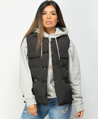Black-Quilted-Popper-Button-Drawstring-Waist-Gilet-Bodywarmer-3