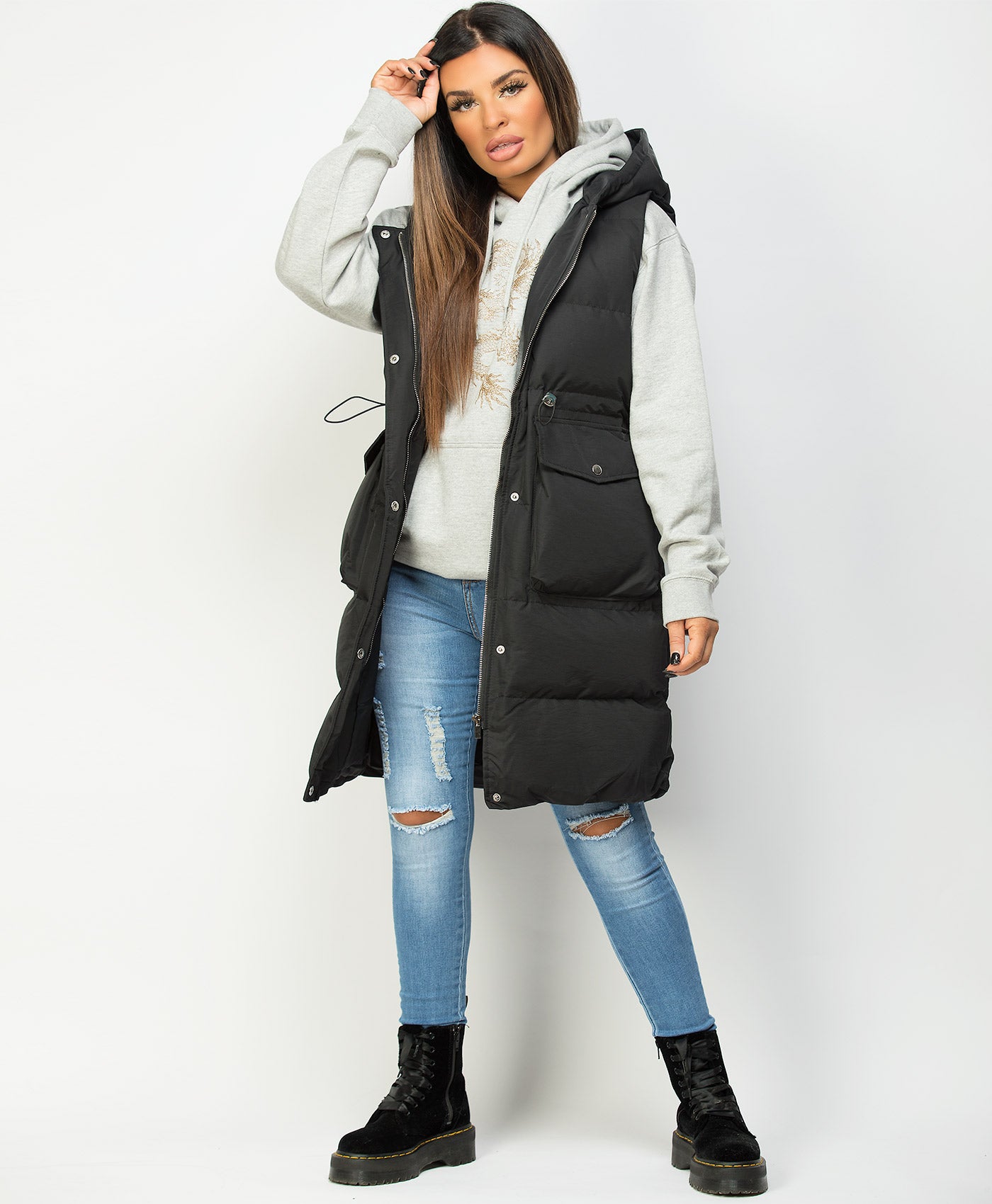 Black-Long-Drawstring-Waist-Hooded-Bodywarmer-Gilet-1
