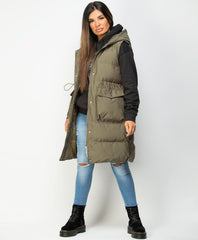 Khaki-Long-Drawstring-Waist-Hooded-Bodywarmer-Gilet-1
