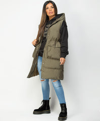 Khaki-Long-Drawstring-Waist-Hooded-Bodywarmer-Gilet-2