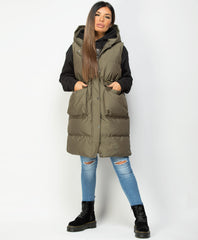 Khaki-Long-Drawstring-Waist-Hooded-Bodywarmer-Gilet-3